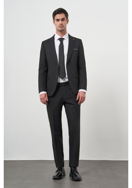 Erkek Siyah Basic Jakar Desen Slim Fit Sivri Yaka Takım Elbise