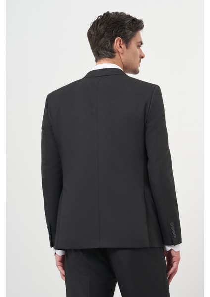 Erkek Siyah Basic Jakar Desen Slim Fit Sivri Yaka Takım Elbise