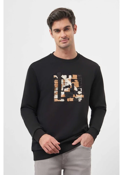 Erkek Siyah Trend Bisiklet Yaka Sweat-Shirt