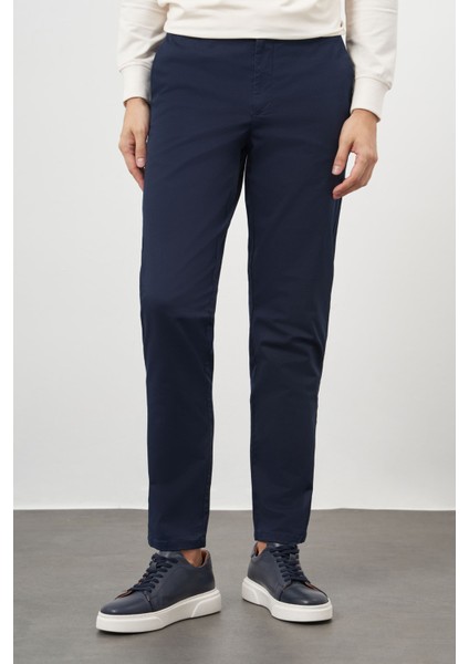Erkek Lacivert Pamuk Yan Cep Slim Fit Chino Pantolon