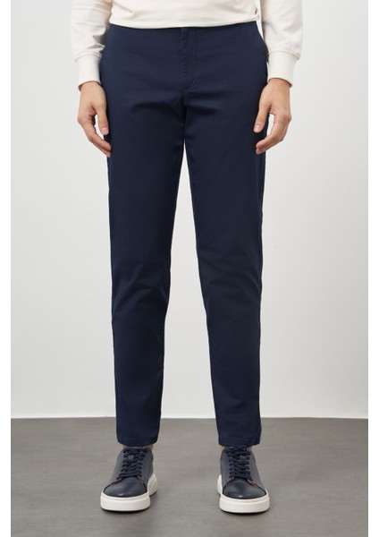 Erkek Lacivert Pamuk Yan Cep Slim Fit Chino Pantolon