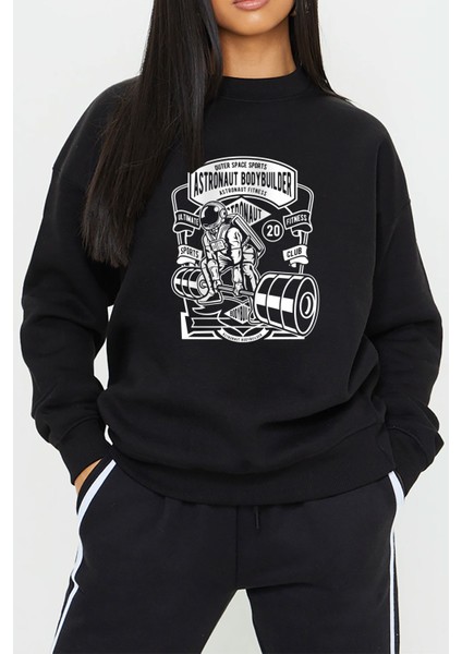 Sporcu Astronot Gym Baskılı Siyah Unisex Kadın Erkek Pamuklu Sweatshirt CU384