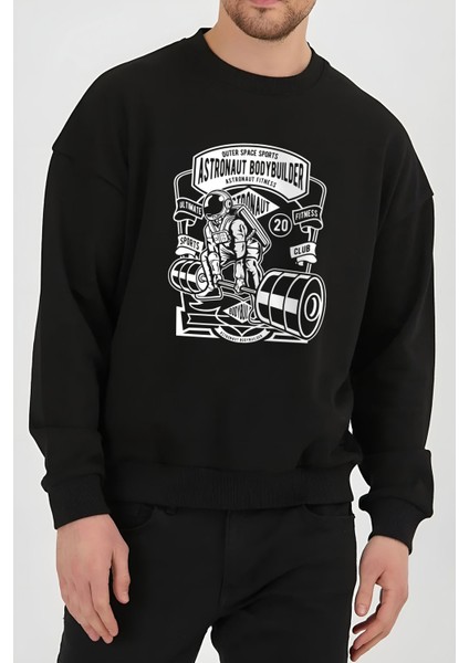 Sporcu Astronot Gym Baskılı Siyah Unisex Kadın Erkek Pamuklu Sweatshirt CU384