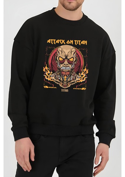 Attack On Titan Anime Baskılı Siyah Unisex Kadın Erkek Pamuklu Sweatshirt CU389