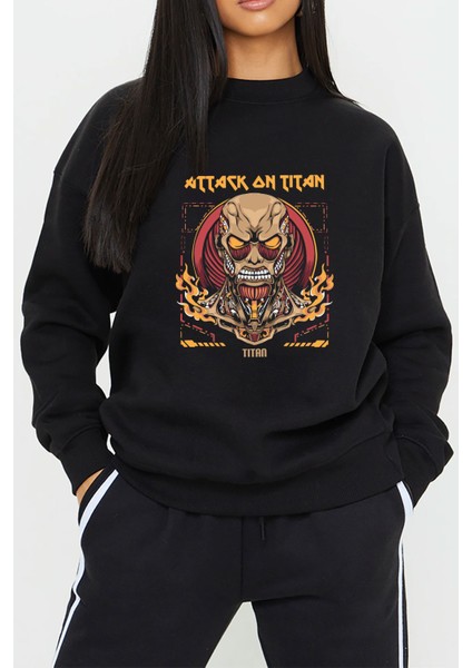 Attack On Titan Anime Baskılı Siyah Unisex Kadın Erkek Pamuklu Sweatshirt CU389