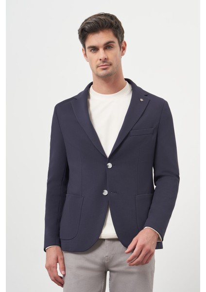 Erkek Lacivert Örme Slim Fit Torba Cep Mono Yaka Spor Ceket