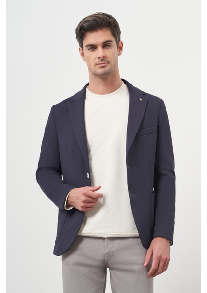Erkek Lacivert Örme Slim Fit Torba Cep Mono Yaka Spor Ceket