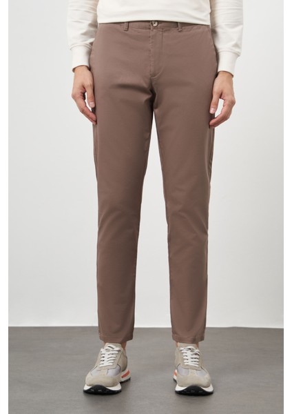 Erkek Kahve Pamuk Yan Cep Slim Fit Chino Pantolon