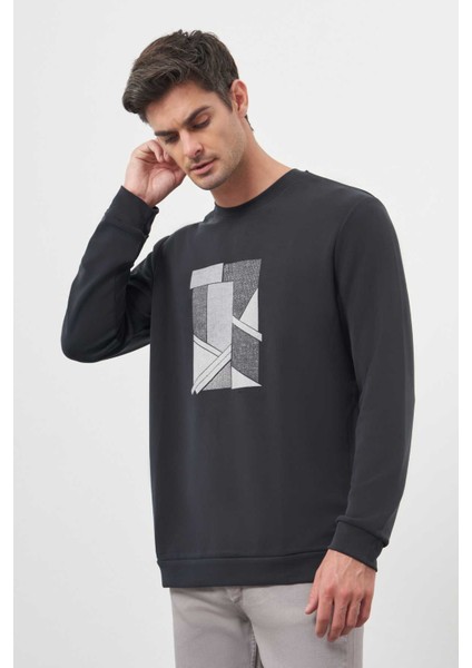 Erkek Siyah Trend Bisiklet Yaka Sweat-Shirt