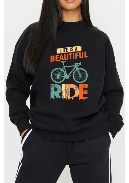 Bisiklet Baskılı Siyah Unisex Kadın Erkek Pamuklu Sweatshirt CU172