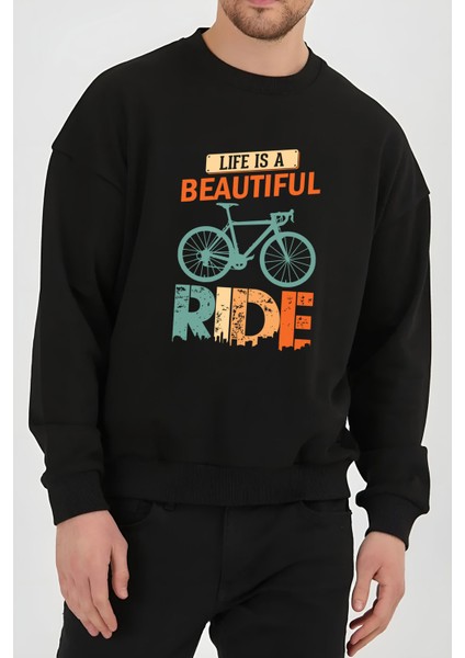 Bisiklet Baskılı Siyah Unisex Kadın Erkek Pamuklu Sweatshirt CU172