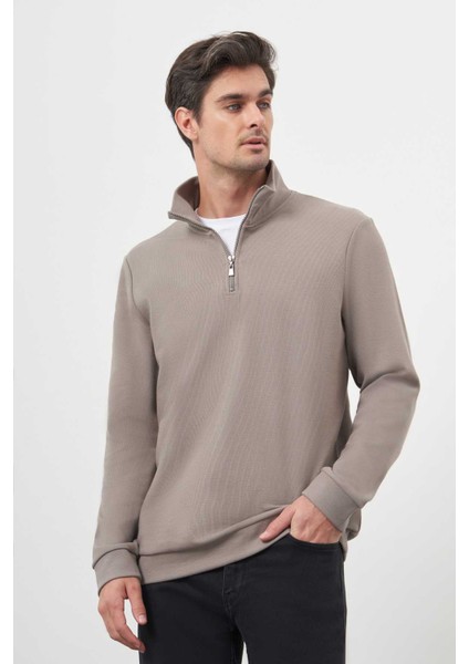 Erkek Gri Fermuarlı Bato Yaka Sweat-Shirt