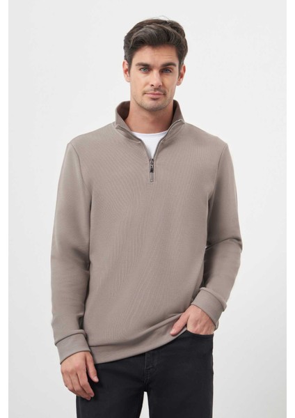 Erkek Gri Fermuarlı Bato Yaka Sweat-Shirt modelleri