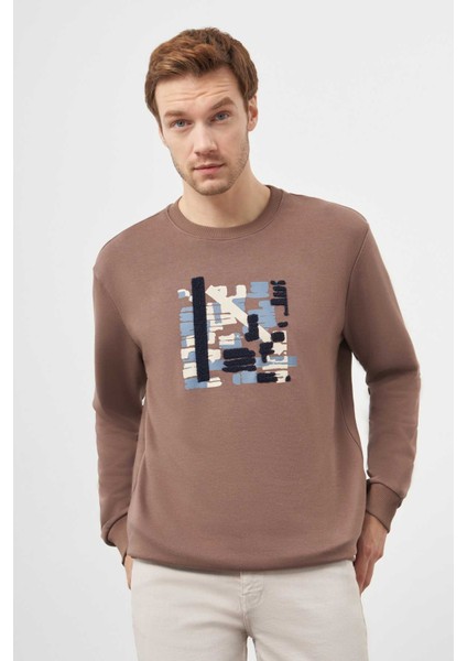 Erkek Kahve Trend Bisiklet Yaka Sweat-Shirt