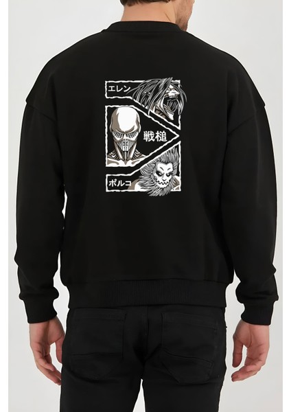 Attack On Titan Anime Baskılı Siyah Unisex Kadın Erkek Pamuklu Sweatshirt CU391