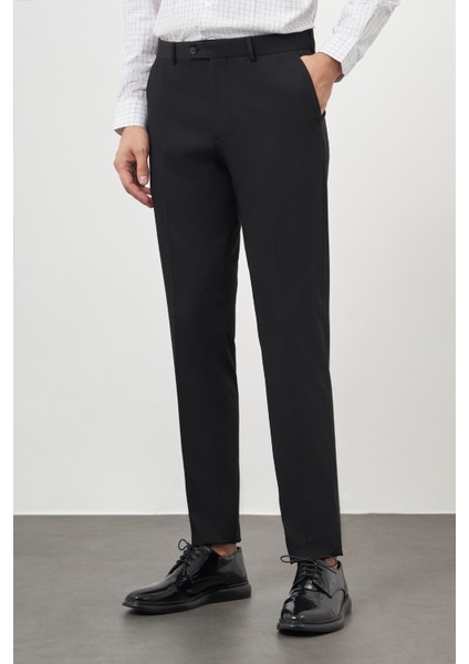 Erkek Siyah Poliviskon Basic Düz Desen Slim Fit Classic Pantolon