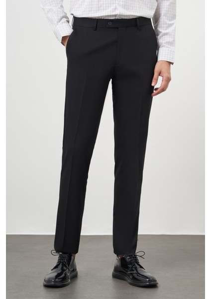 Erkek Siyah Poliviskon Basic Düz Desen Slim Fit Classic Pantolon
