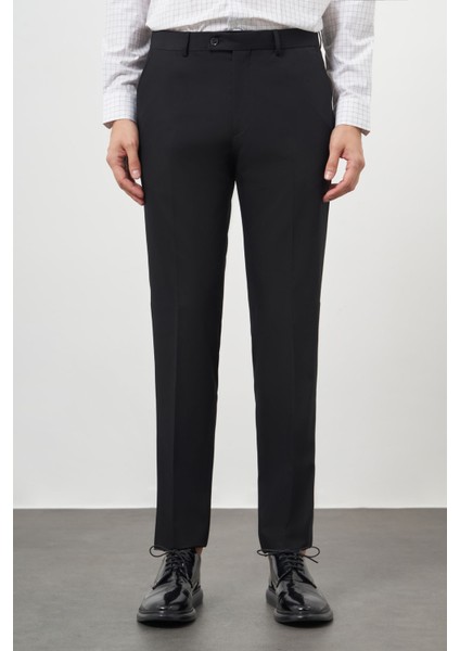 Erkek Siyah Poliviskon Basic Düz Desen Slim Fit Classic Pantolon