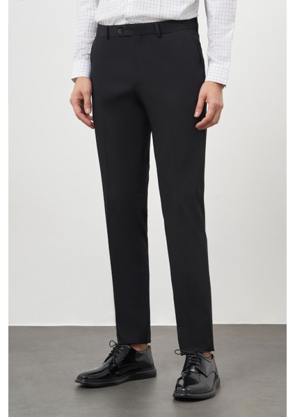 Erkek Siyah Poliviskon Basic Düz Desen Slim Fit Classic Pantolon