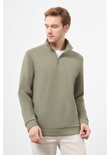 Erkek Haki Fermuarlı Bato Yaka Sweat-Shirt fiyatları