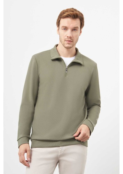 Erkek Haki Fermuarlı Bato Yaka Sweat-Shirt modelleri