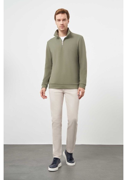 Erkek Haki Fermuarlı Bato Yaka Sweat-Shirt indirimleri