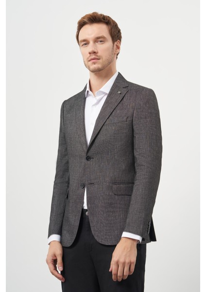 Erkek Füme Poliviskon Slim Fit Mono Yaka Klasik Ceket
