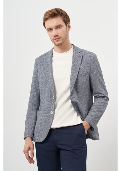 Erkek Indigo Örme Trend Slim Fit Mono Yaka Ceket