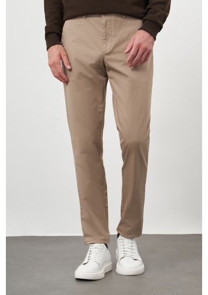 Erkek Açık Kahve Pamuk Yan Cep Slim Fit Chino Pantolon
