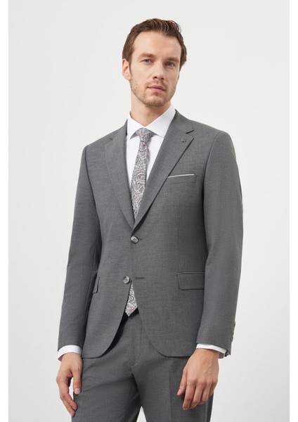 Erkek Gri Yünlü Slim Fit Mono Yaka Takım Elbise modelleri