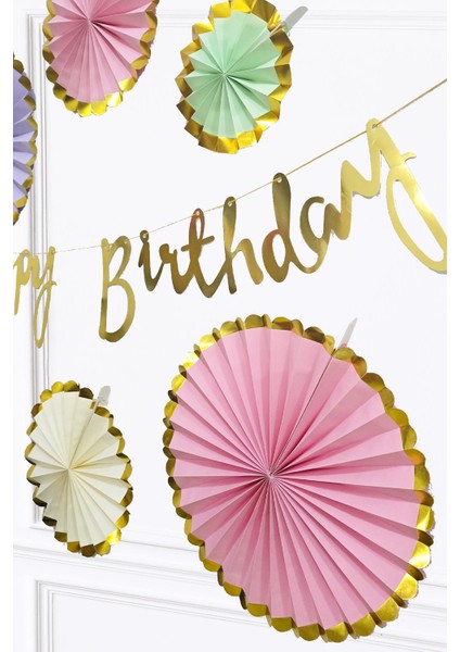 Makaron Renkler Gold Yaldızlı Yelpaze Süs Seti 6lı Gold Happy Birthday Bannerlı Paket fiyatları