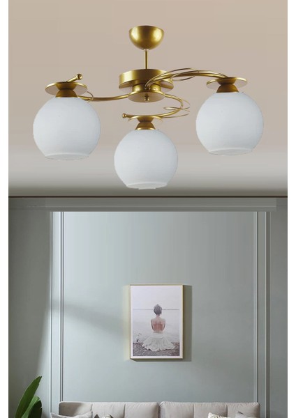 Modern Ilay Eskitme Gold Boyalı 3 Lü Camlı Avize