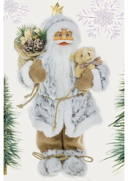 Yılbaşı Süsü Noel Baba Biblo Figür Büyük Boy 30 Cm - Peluş Ayısı Ve Çuvalı Ile...