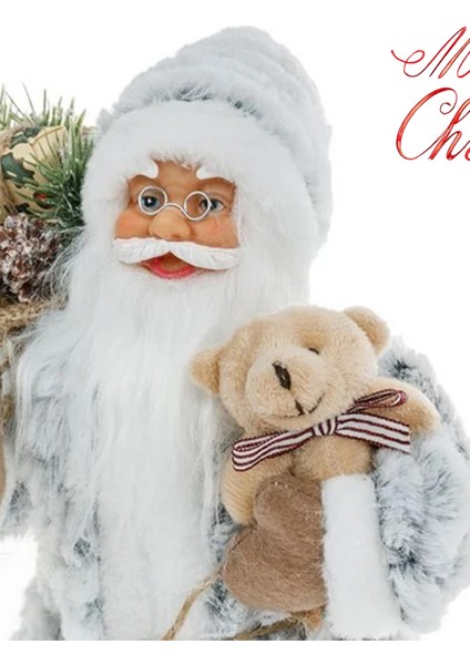 Yılbaşı Süsü Noel Baba Biblo Figür Büyük Boy 30 Cm - Peluş Ayısı Ve Çuvalı Ile...