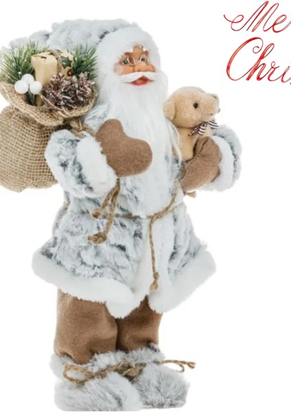 Yılbaşı Süsü Noel Baba Biblo Figür Büyük Boy 30 Cm - Peluş Ayısı Ve Çuvalı Ile...