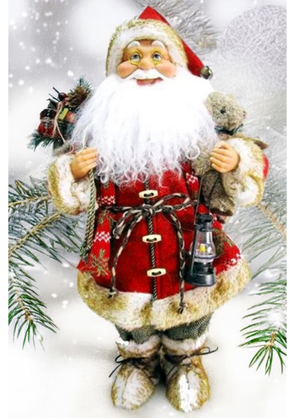 Yılbaşı Süsü Noel Baba Biblo Figür Büyük Boy 45 Cm - Feneri, Peluş Ayısı Ve Çuvalı Ile...