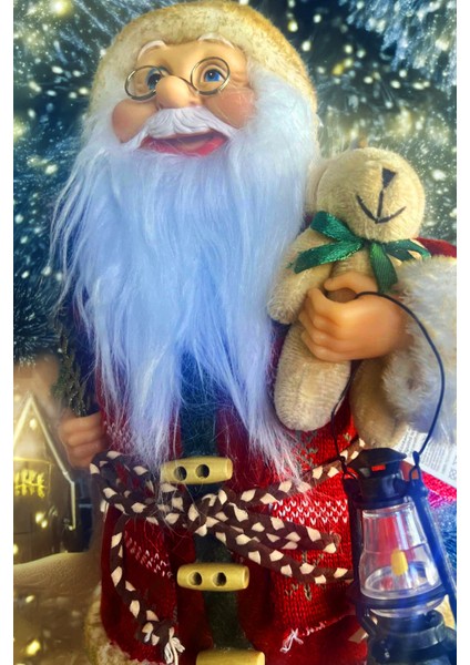 Yılbaşı Süsü Noel Baba Biblo Figür Büyük Boy 45 Cm - Feneri, Peluş Ayısı Ve Çuvalı Ile...