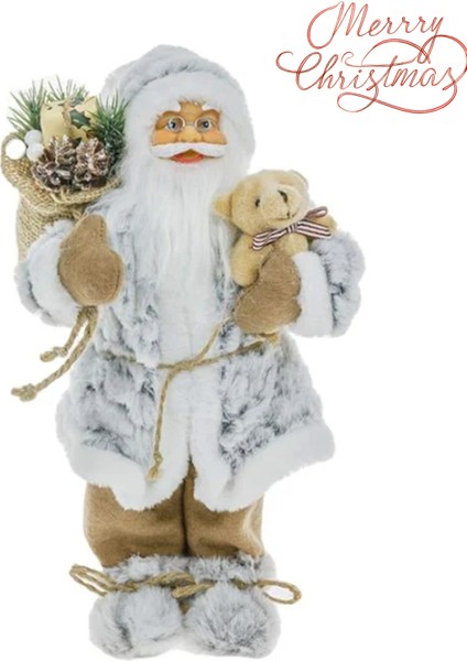 Yılbaşı Süsü Noel Baba Biblo Figür Büyük Boy 30 Cm - Peluş Ayısı Ve Çuvalı Ile...