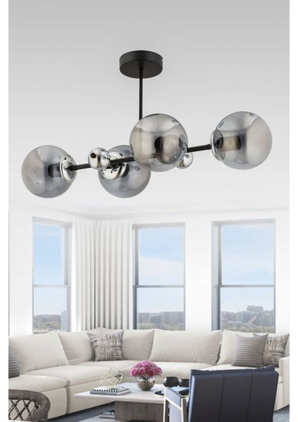 Shine 4'lü Siyah Füme Glob Camlı Modern Plafonyer Salon Yemek Masası Üstü Avize