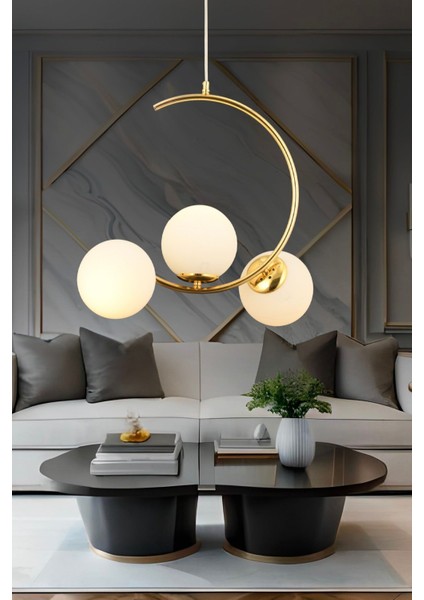 Ladre 3lü Beyaz Camlı Gold Modern Sarkıt, Mutfakyatak Odası Salon Avize