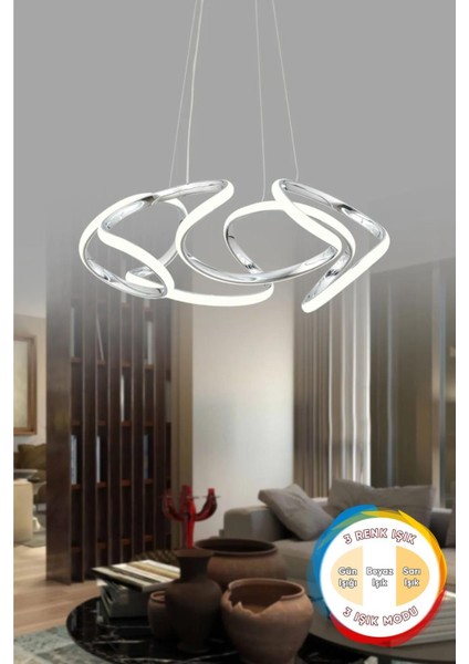 Honi x Krom Modern Sarkıt 3 Renk Işık Salon Mutfak Oda Hol Ledli Avize