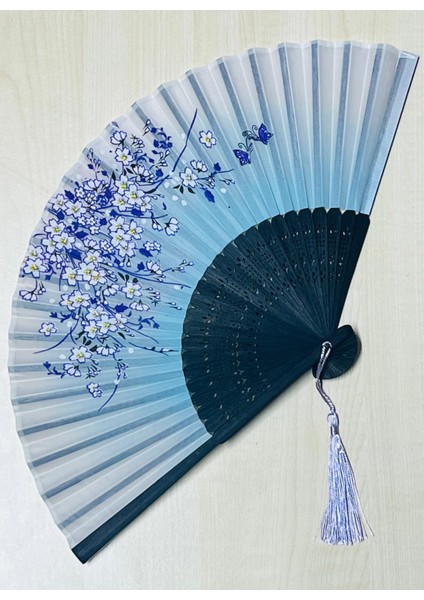 Bambu Kumaş Mavi Mor Çiçekli Yelpaze A535 modelleri