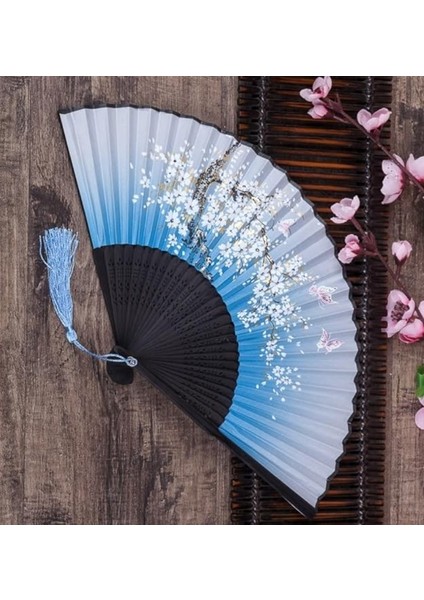 Bambu Kumaş Mavi Mor Çiçekli Yelpaze A536