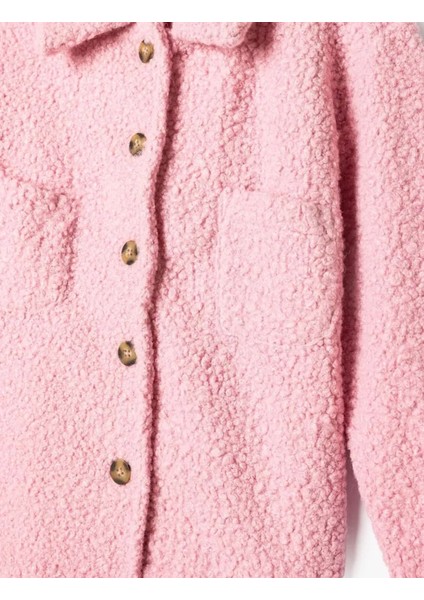 Oversize Peluş Uzun Kollu Düğmeli Cepli Pembe Kız Çocuk Ceket 5WKG20003AW