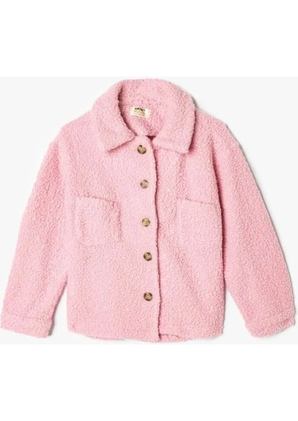 Oversize Peluş Uzun Kollu Düğmeli Cepli Pembe Kız Çocuk Ceket 5WKG20003AW