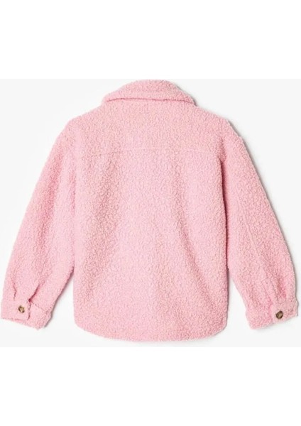 Oversize Peluş Uzun Kollu Düğmeli Cepli Pembe Kız Çocuk Ceket 5WKG20003AW