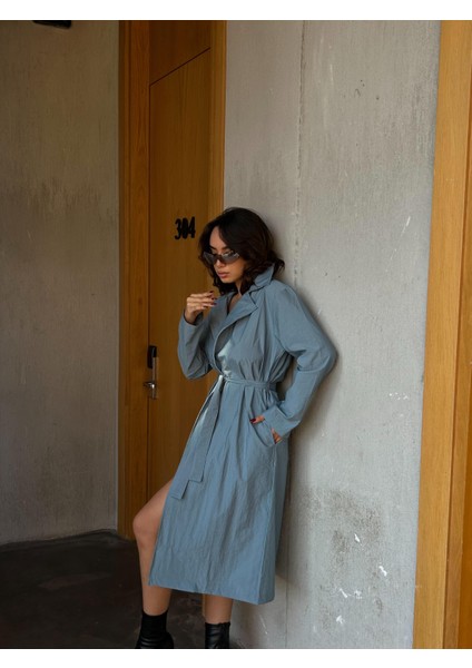 Kadın Indigo Paraşüt Kumaş Astarsız Uzun Trençkot 28176 fırsatları