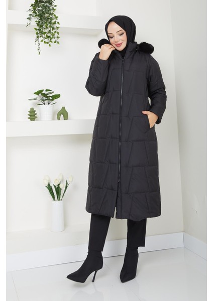 Sişme Kadın Kışlık Kaban Elyaf Dolgu Kapşonlu Kürklü 20243