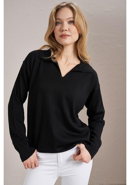 Kadın Siyah Gömlek Yaka Basic Triko Kazak