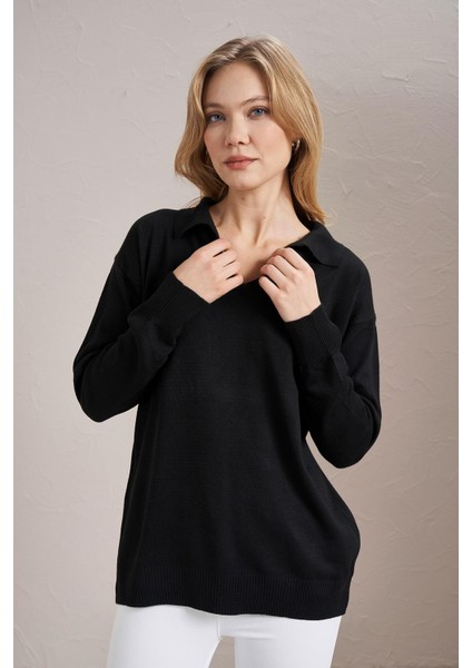 Kadın Siyah Gömlek Yaka Basic Triko Kazak fiyatları